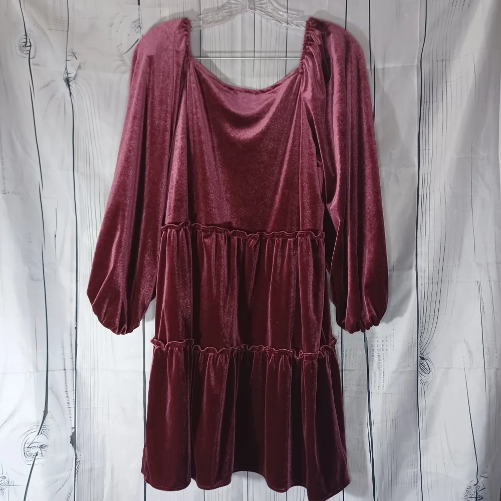 Betsey Johnson V-neck Mini Velvet Long Sleeve Dress in Burgundy - Picture 8 of 13